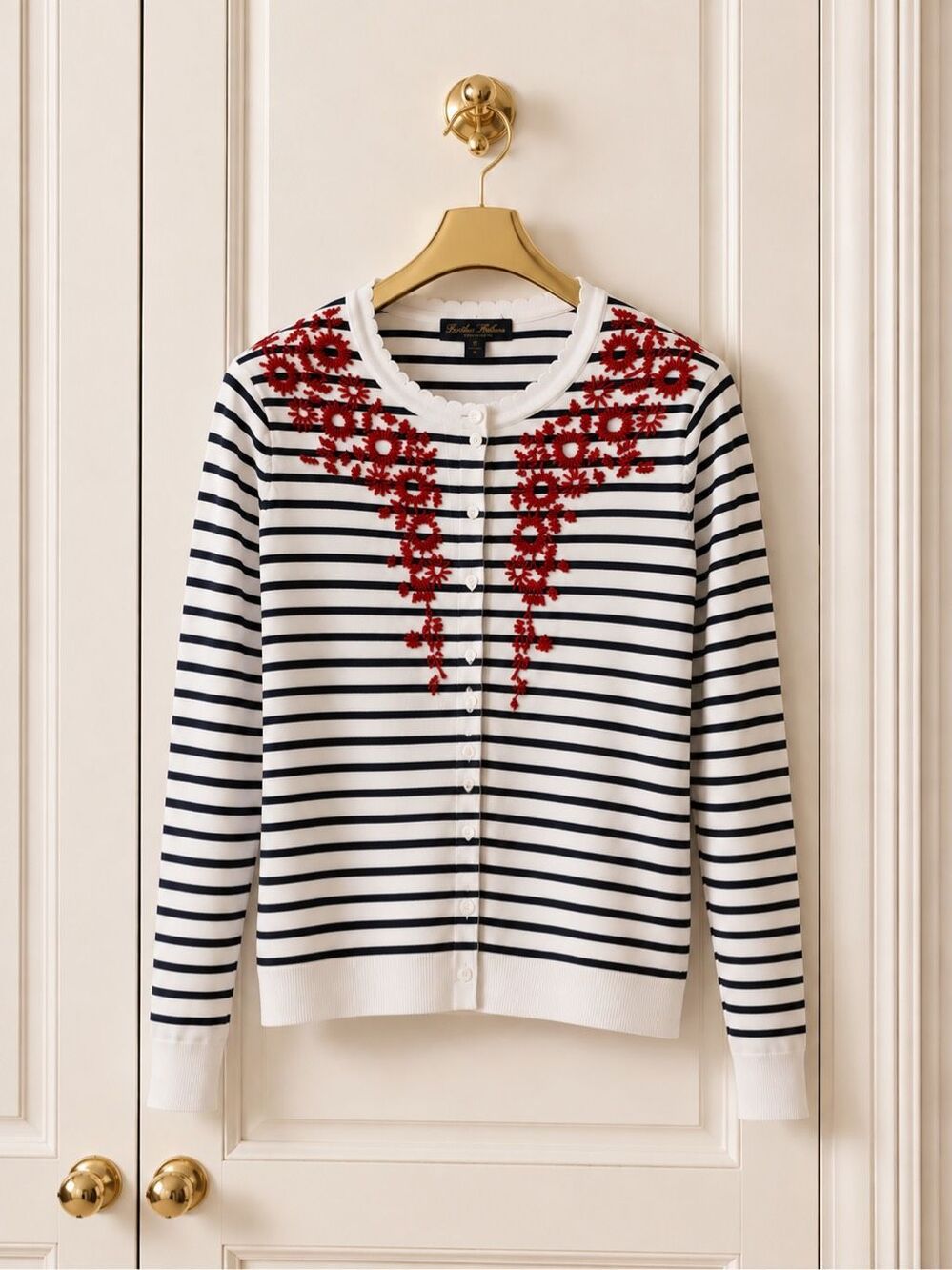 NWT Brooks Brothers Floral-Beaded Striped Cardigan Embroidered Sweater XS $150 A - Picture 2 of 11